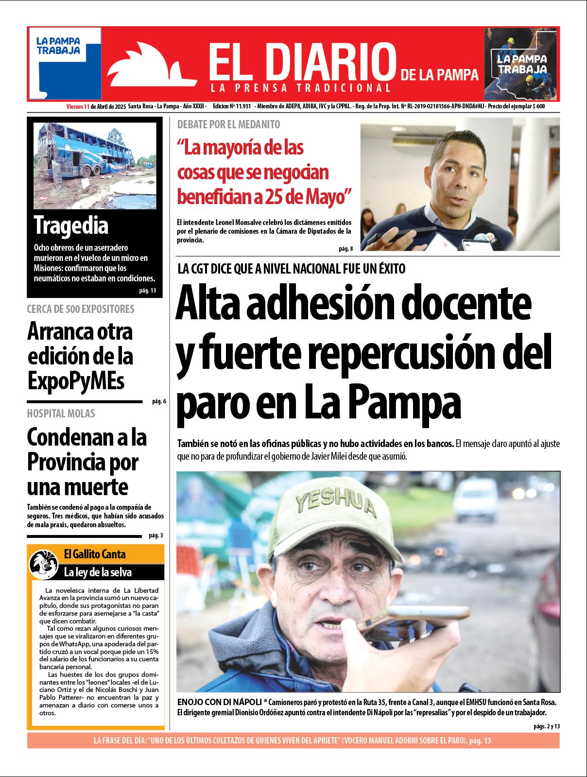 Tapa de El Diario en papel  viernes 11 de abril de 2025